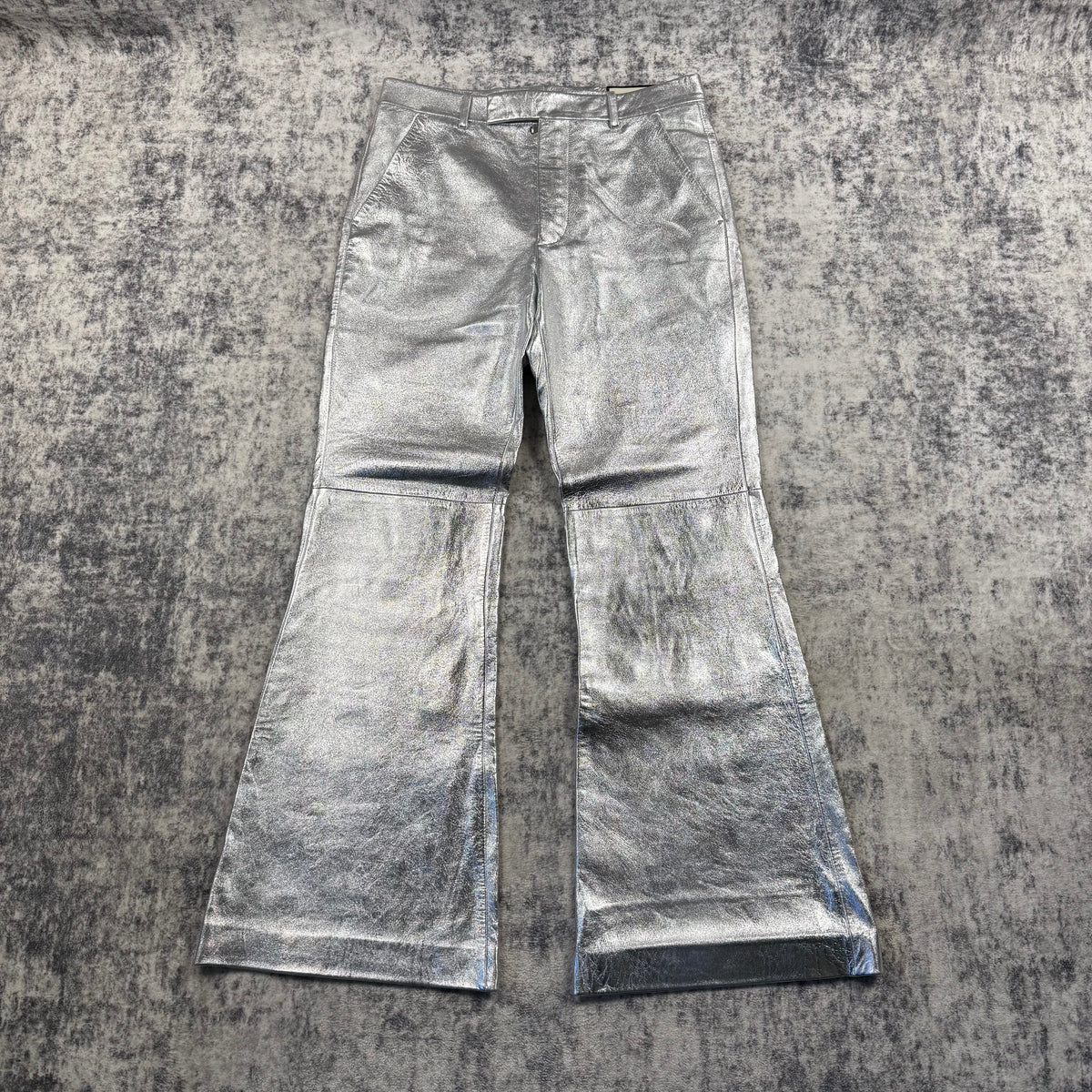 Gucci Metallic Silver Lambskin Leather Flared Pants