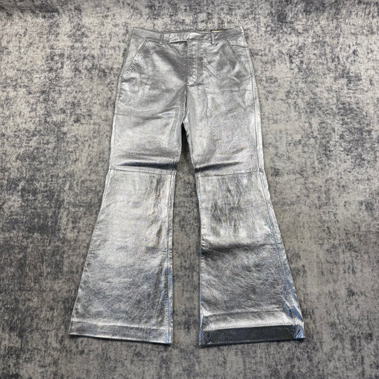 Gucci Metallic Silver Lambskin Leather Flared Pants