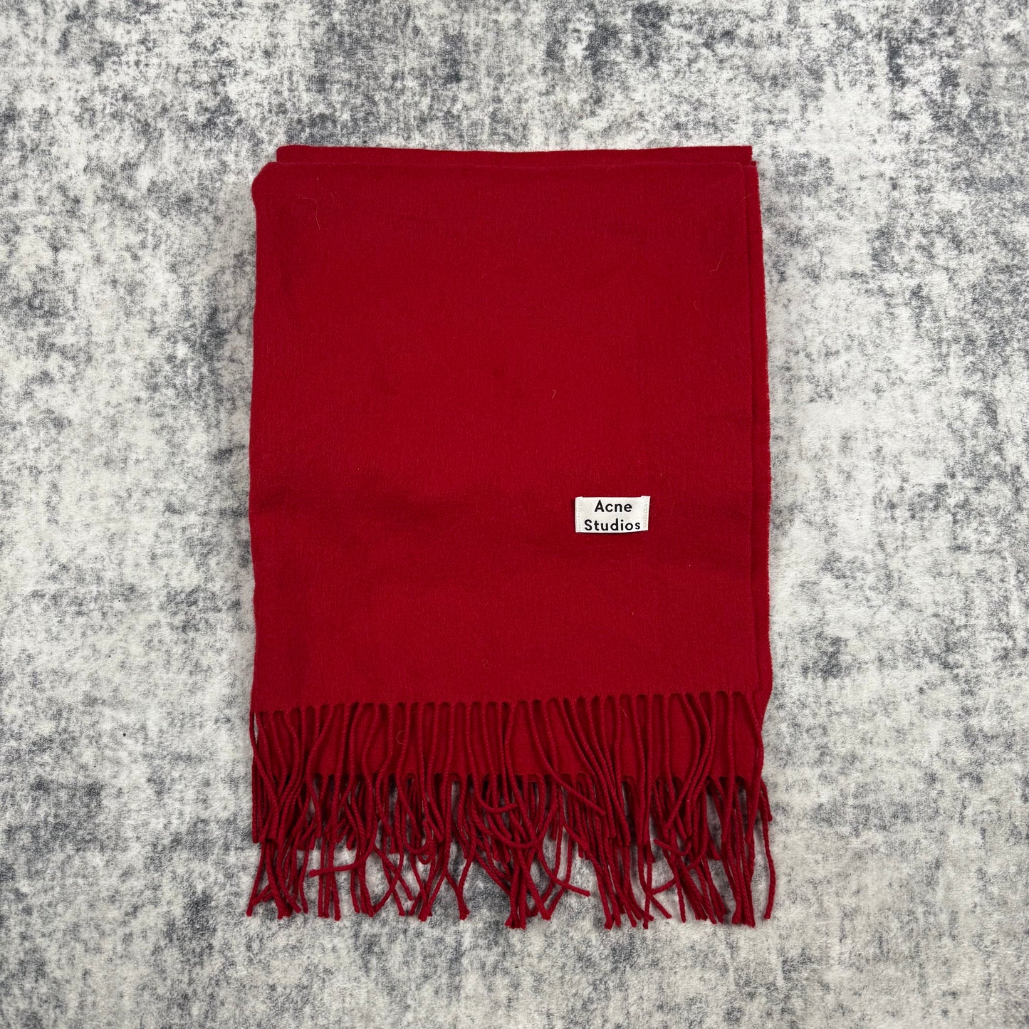 Acne Studios Red Virgin Wool Fringe Logo Scarf
