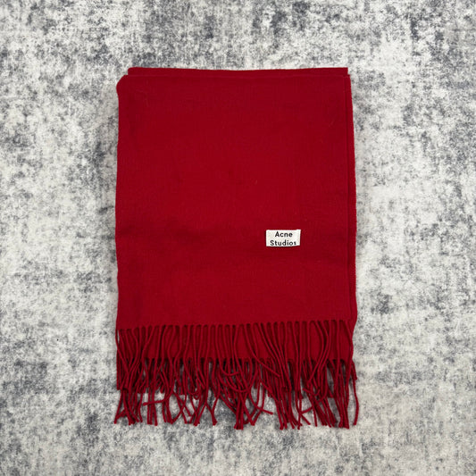 Acne Studios Red Virgin Wool Fringe Logo Scarf