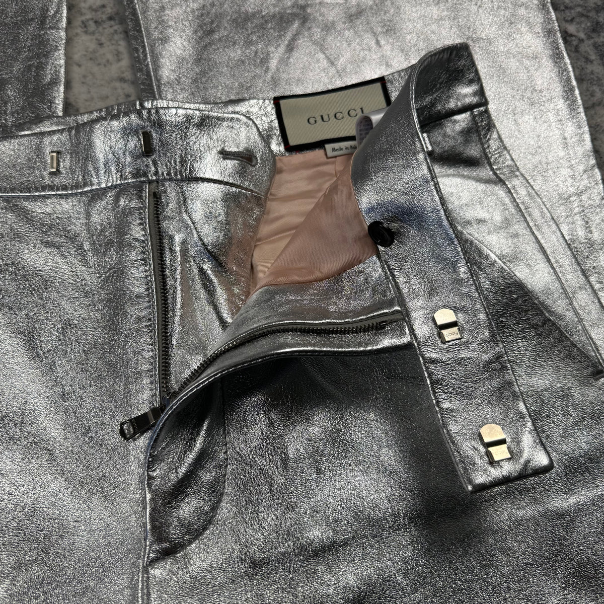 Gucci Metallic Silver Lambskin Leather Flared Pants
