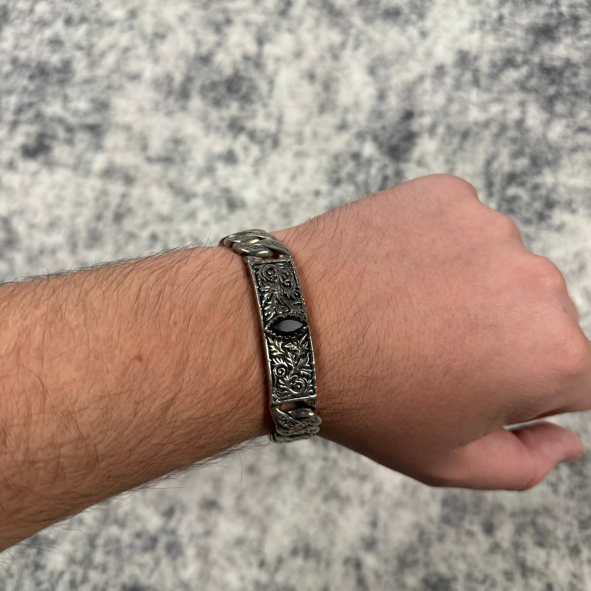 Clocks + Colours 925 Sterling Silver Black Stone Cuban Link Bracelet