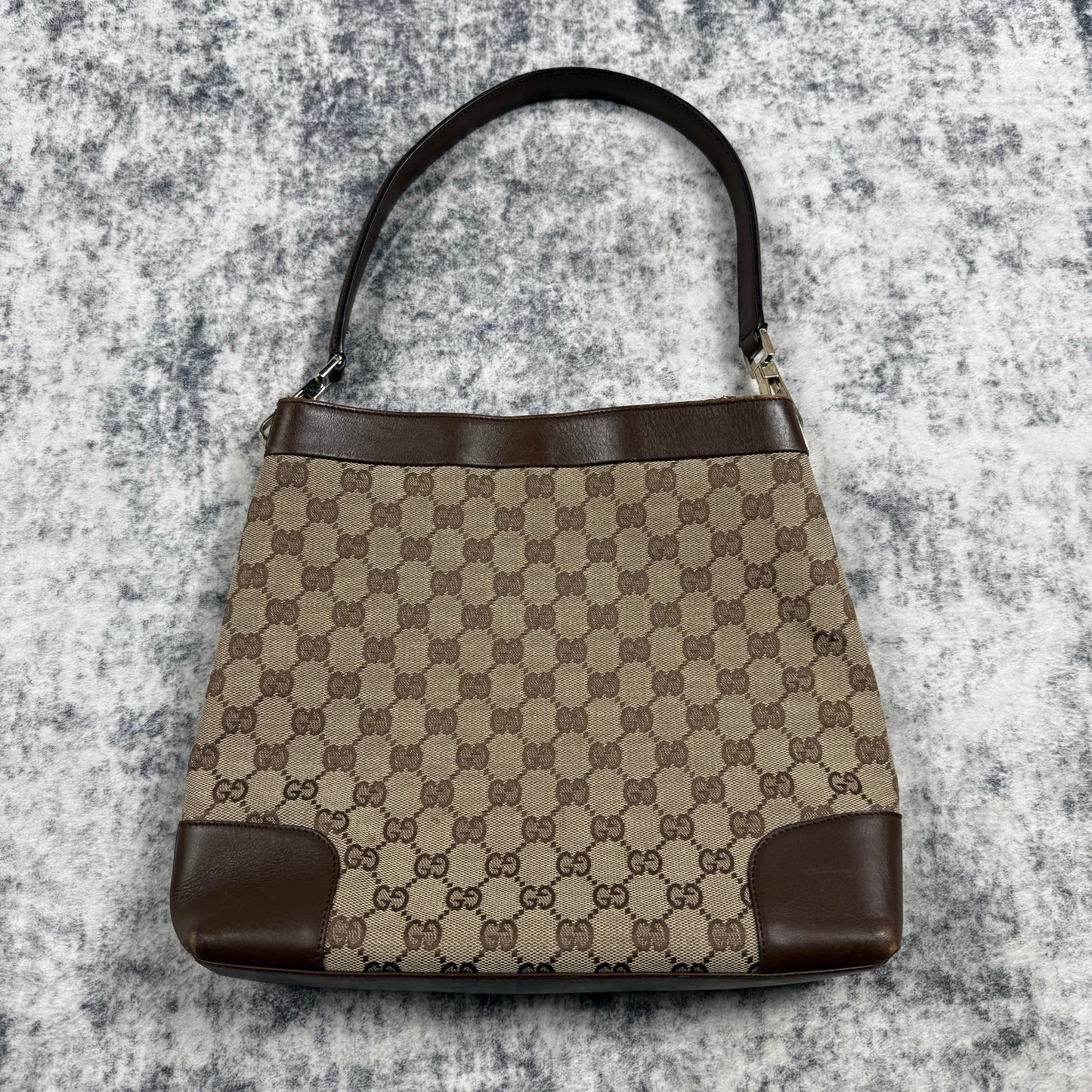 Gucci GG Canvas Hobo Bag Brown Leather Trim