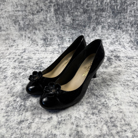 Chanel Black Patent Leather Camellia Flower Heels