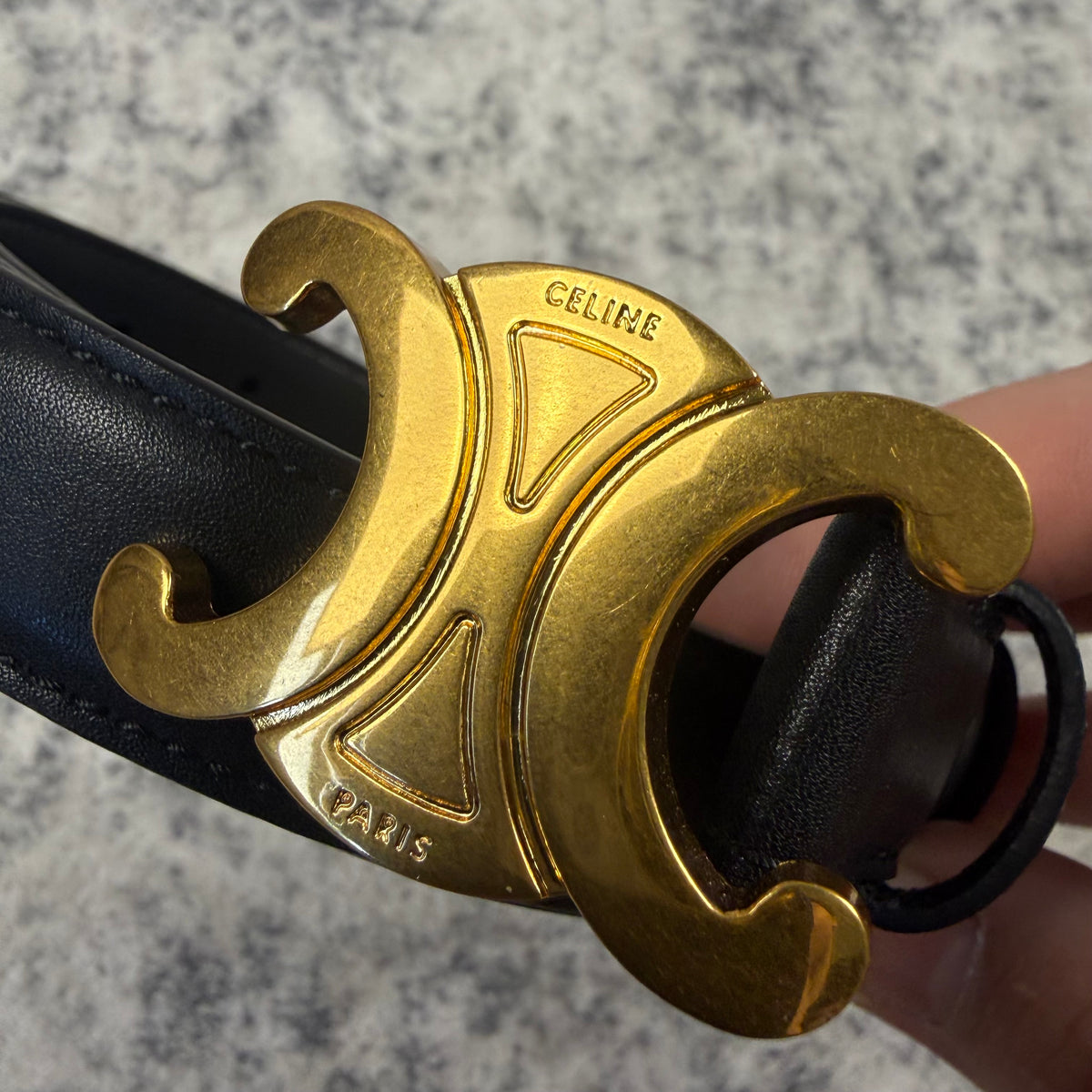 Celine Triomphe Gold Buckle Black Leather Belt