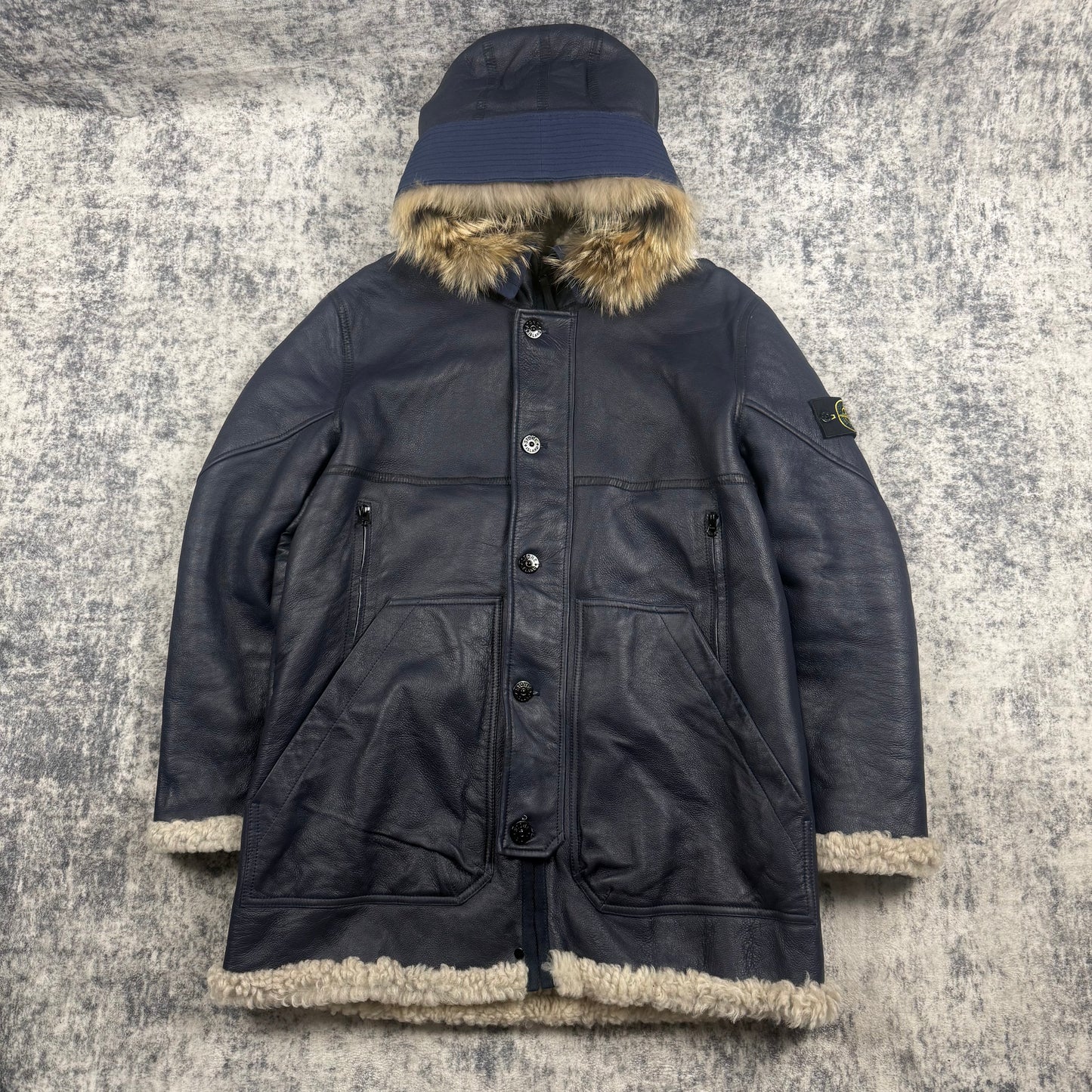 Stone Island Hand Painted Sheepskin Fur Hood Shearling Jacket