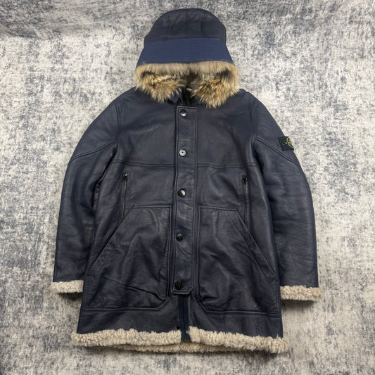 Stone Island Hand Painted Sheepskin Fur Hood Shearling Jacket
