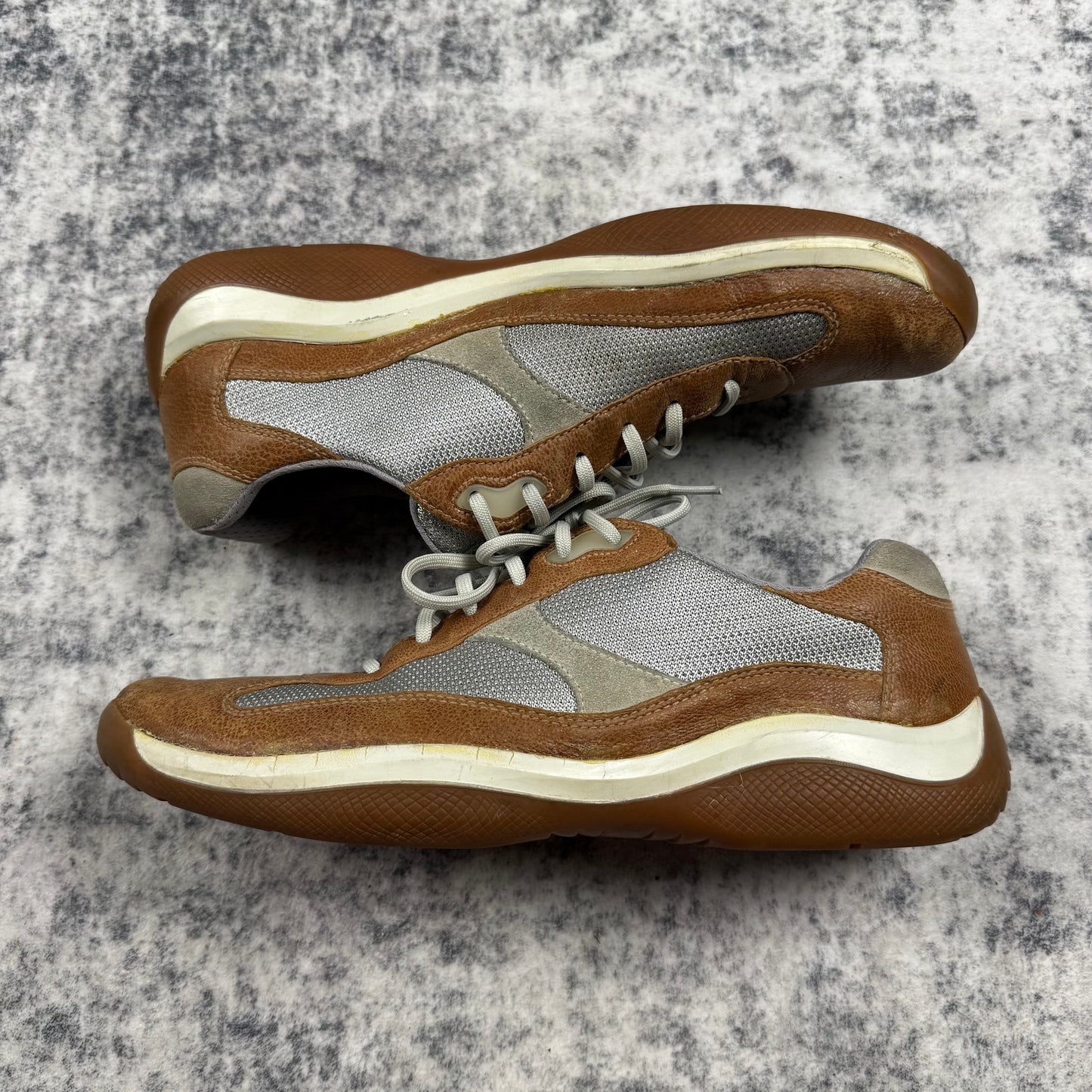Prada America’s Cup Leather & Mesh Sneakers (Brown/Grey)