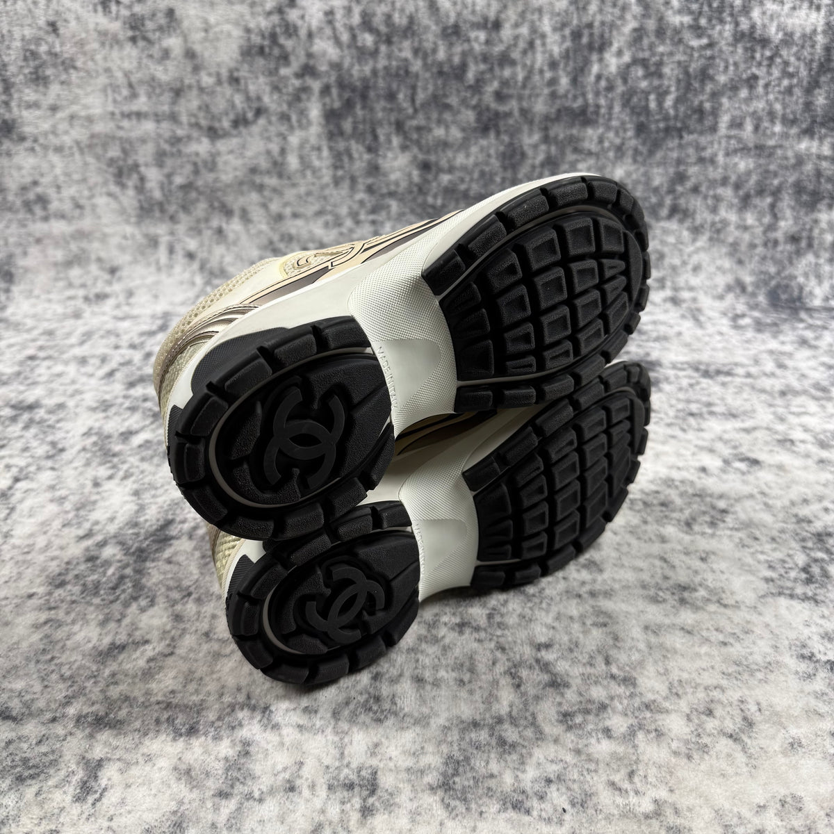 Chanel CC Logo Metallic Silver & Ivory Mesh Sneakers