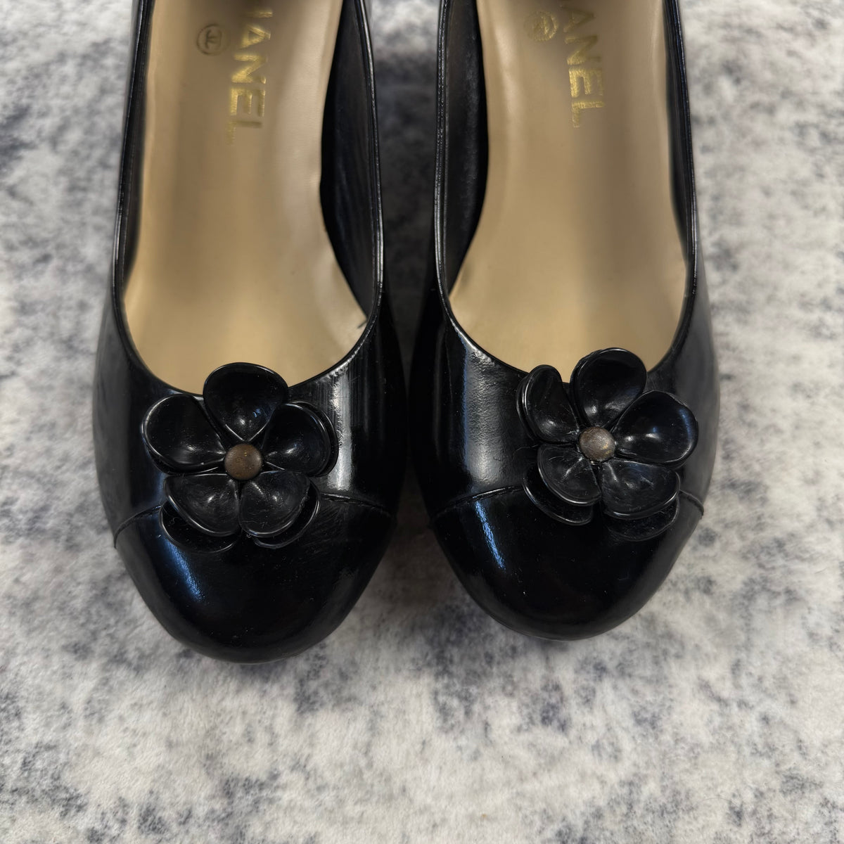 Chanel Black Patent Leather Camellia Flower Heels