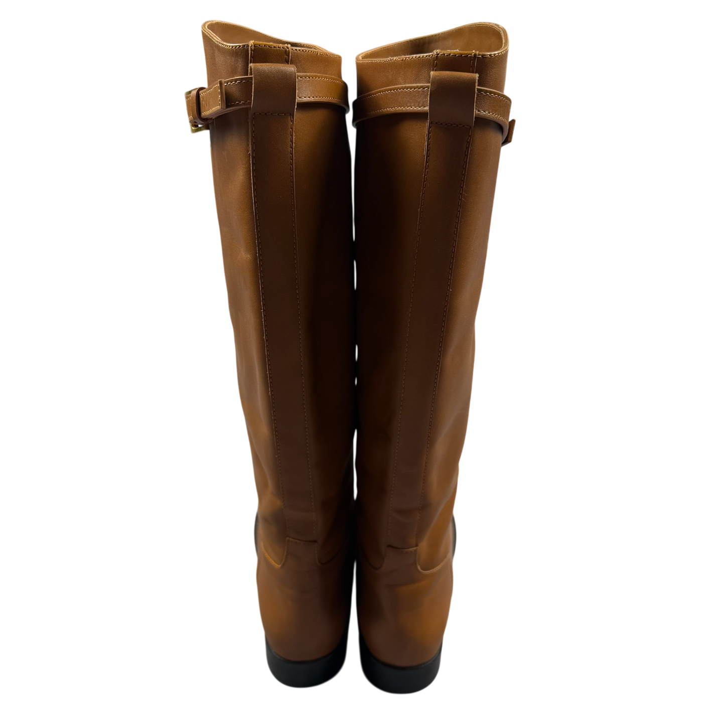 PRADA Camel Leather Logo Belted Knee-High Riding Boots