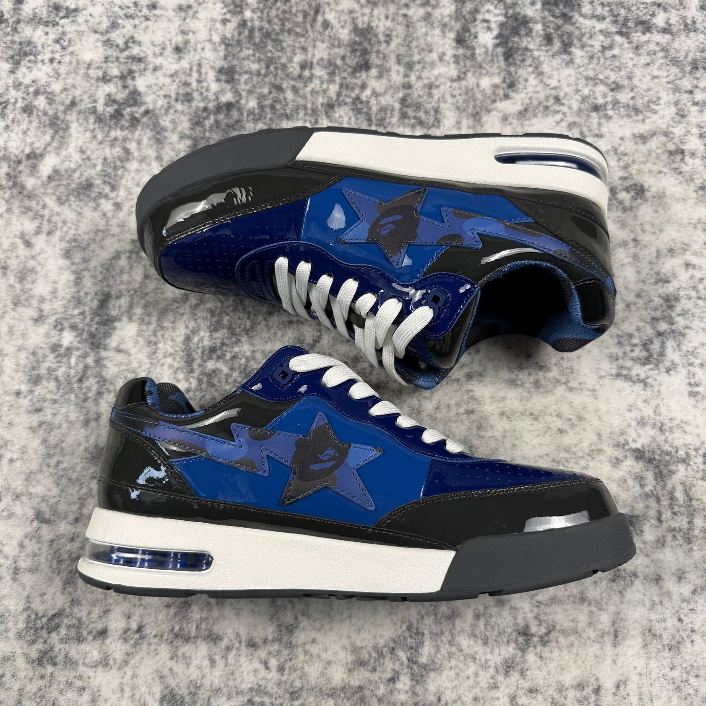 BAPE STA Blue & Black Patent Leather Low Top Sneakers
