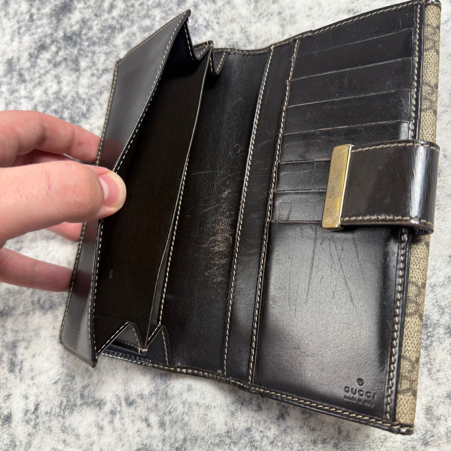 Gucci Vintage GG Supreme Canvas Continental  ʼBlack/BrownʼLong Wallet