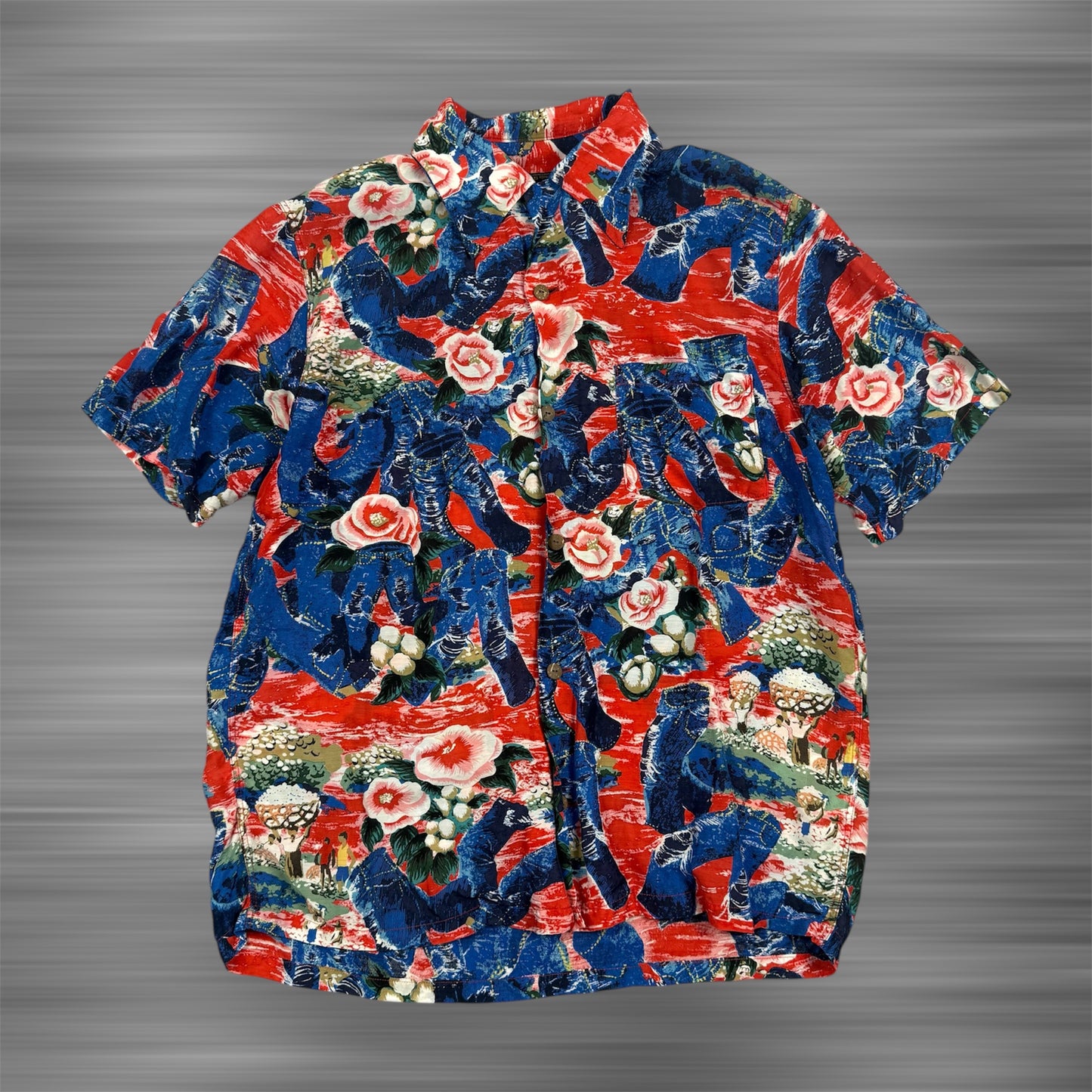 Kapital Aloha Hawaii Button Up Shirt Crash Denim Red