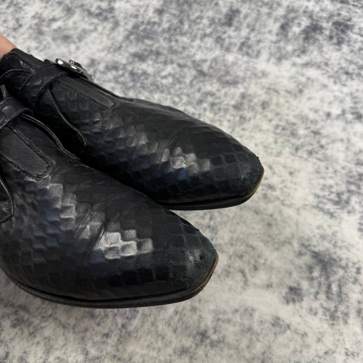 Cesare Paciotti Black Embossed Leather Dagger Buckle Monk Strap Shoes