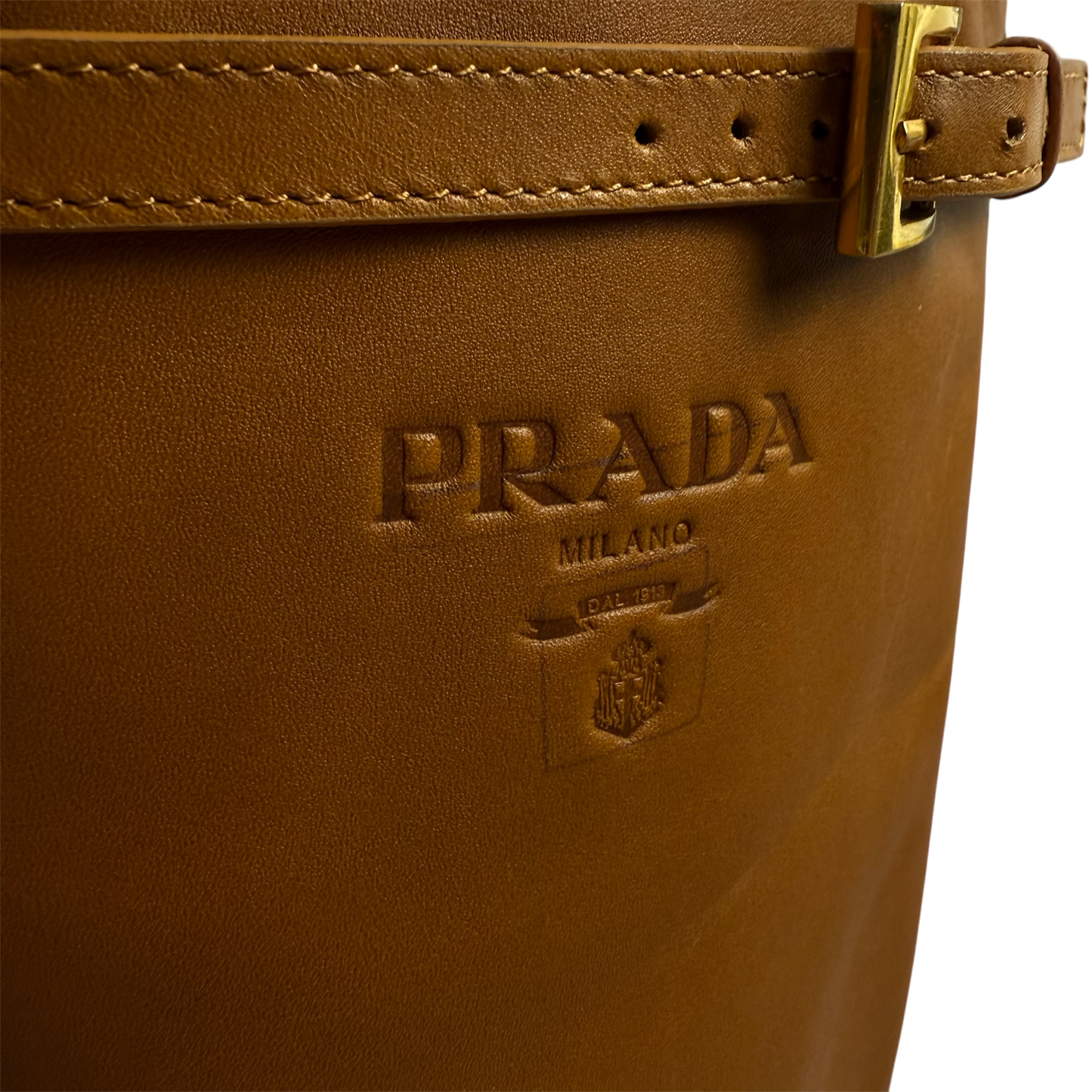 PRADA Camel Leather Logo Belted Knee-High Riding Boots