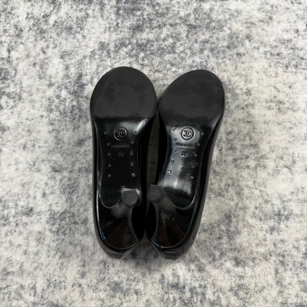 Chanel Black Patent Leather Camellia Flower Heels