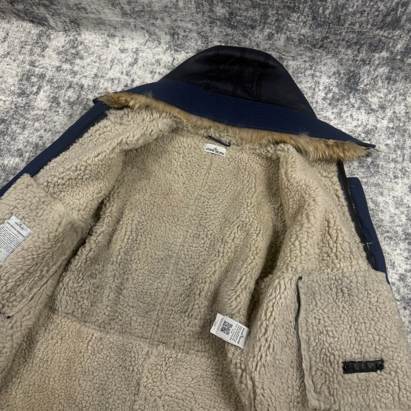 Stone Island Hand Painted Sheepskin Fur Hood Shearling Jacket