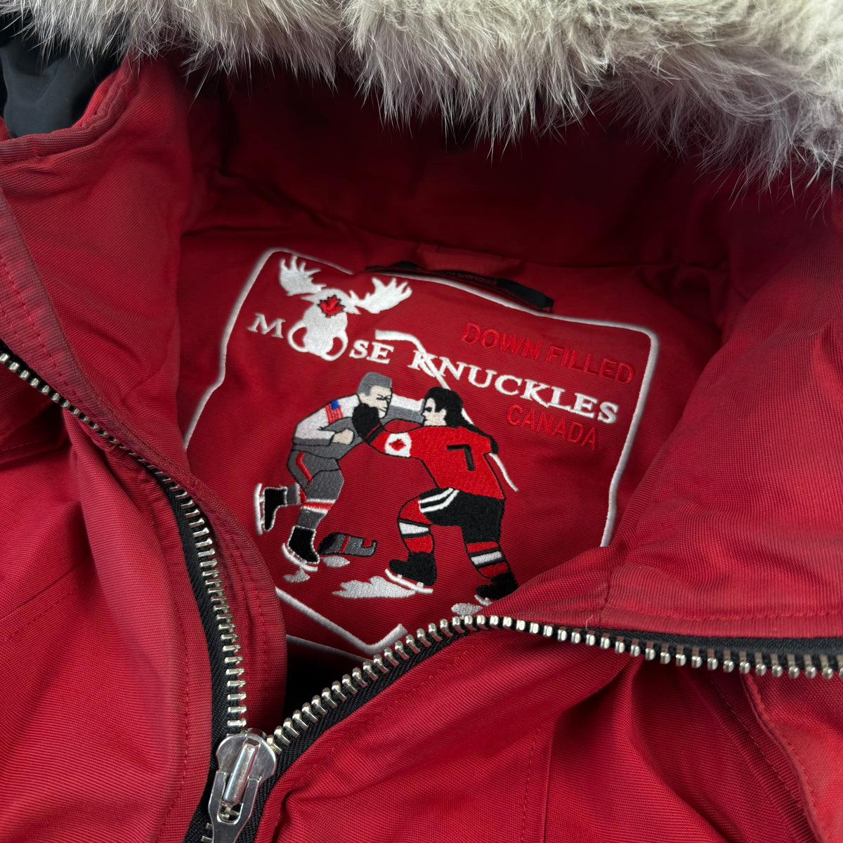 Moose Knuckles Red Down-Filled Fur Hood Bomber Jacket