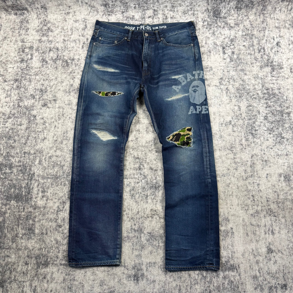 BAPE A Bathing Ape 2008 Type-05 Camo Patch Distressed Denim Jeans