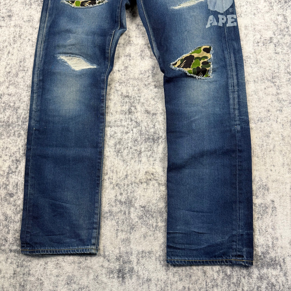 BAPE A Bathing Ape 2008 Type-05 Camo Patch Distressed Denim Jeans