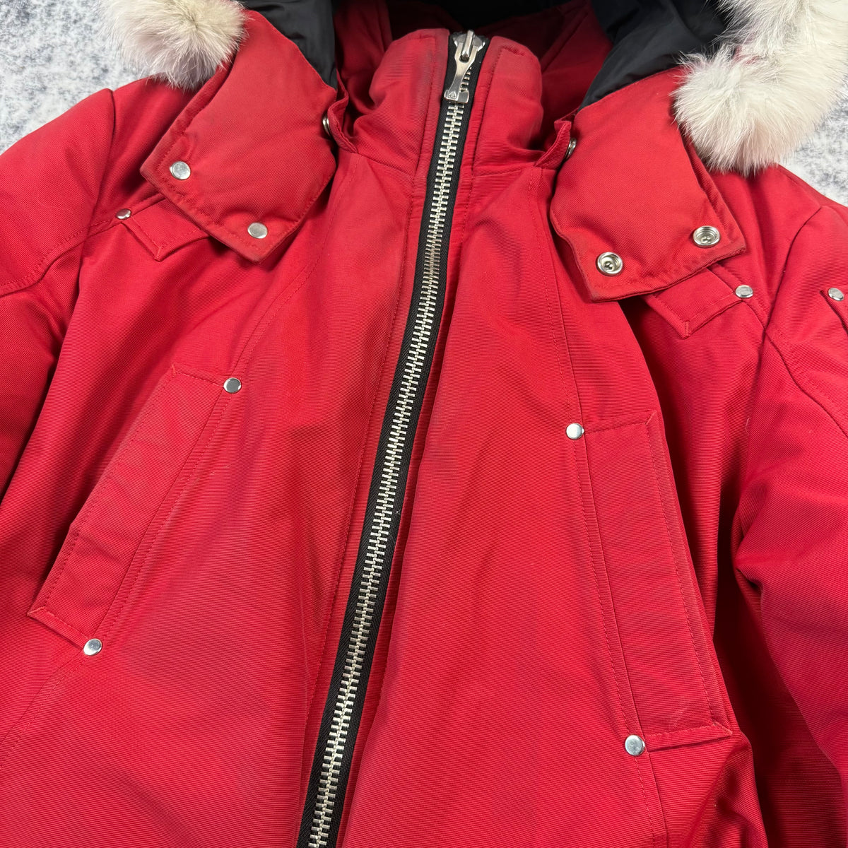 Moose Knuckles Red Down-Filled Fur Hood Bomber Jacket