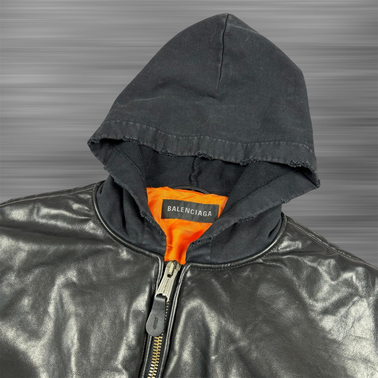 Balenciaga AW22 Leather MA-1 Oversized Hooded Bomber Jacket