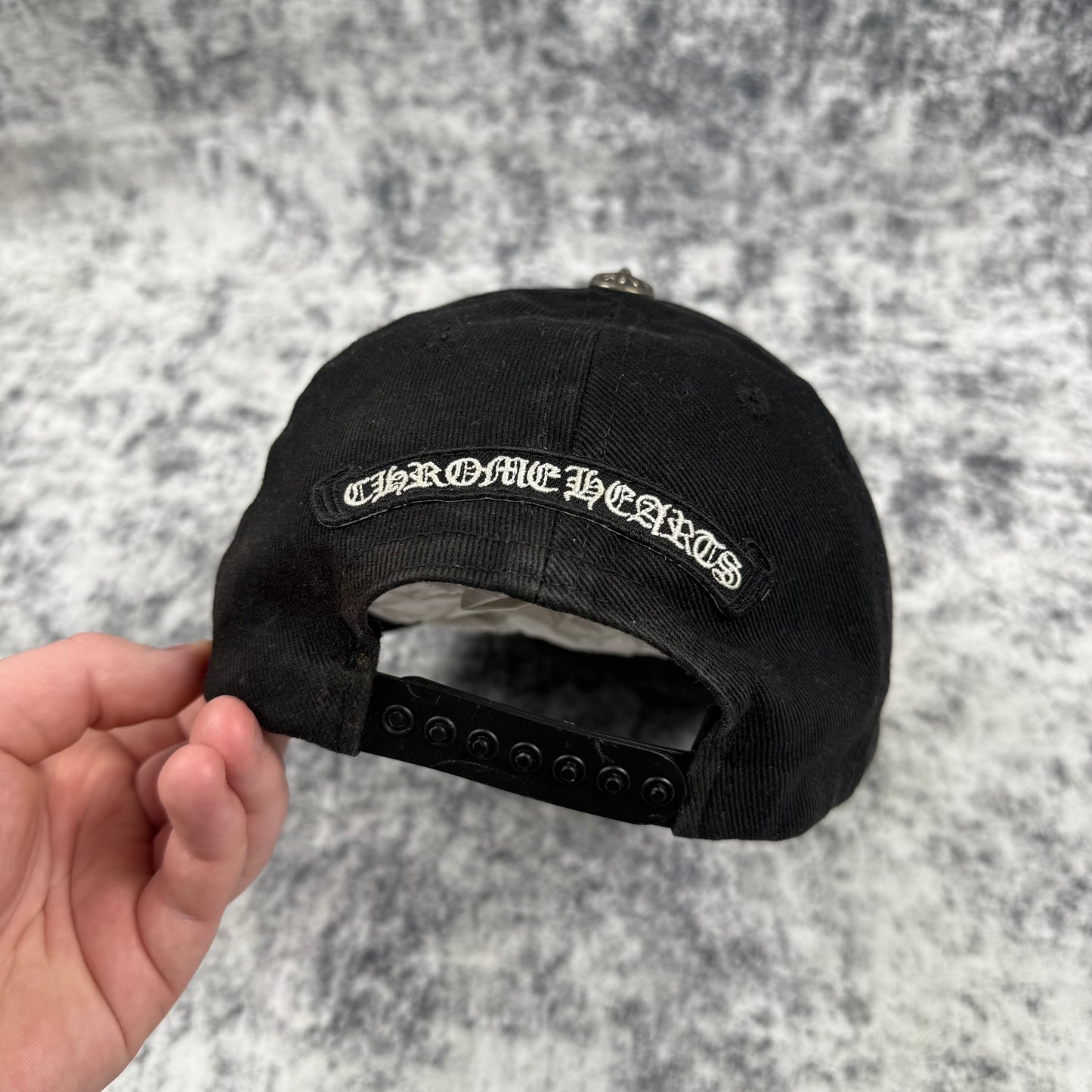 Chrome Hearts Scroll Logo Denim ‘Black’ Trucker Cap