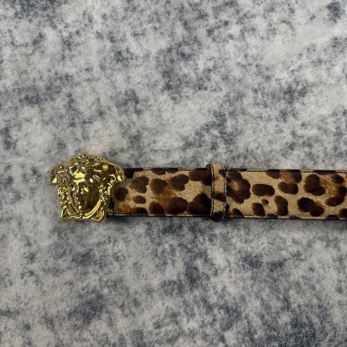 Versace Gold Medusa Leopard Print Pony Hair Belt
