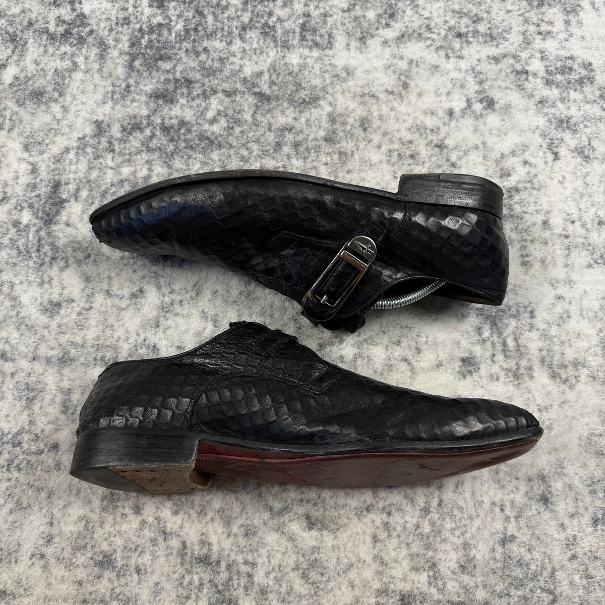 Cesare Paciotti Black Embossed Leather Dagger Buckle Monk Strap Shoes