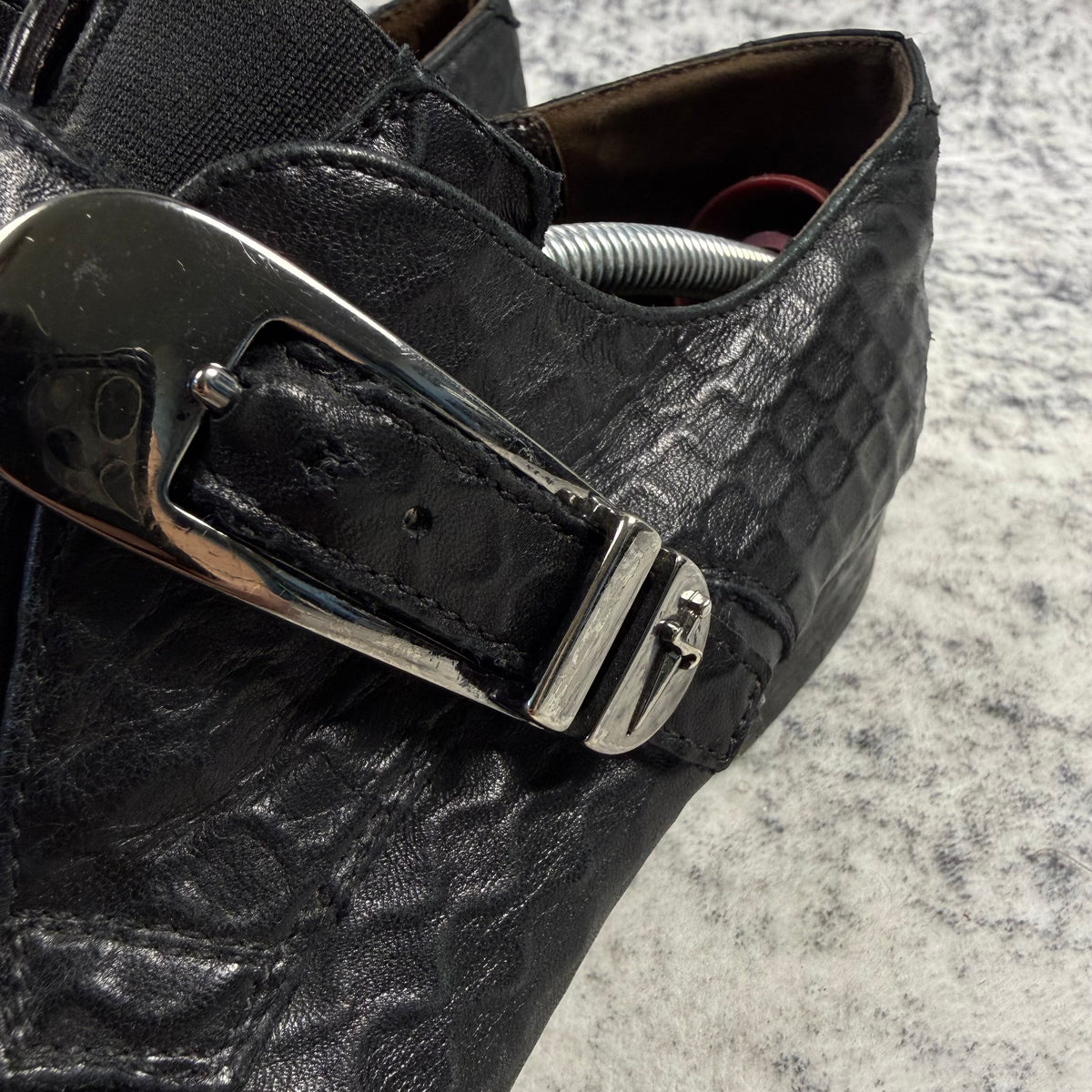 Cesare Paciotti Black Embossed Leather Dagger Buckle Monk Strap Shoes