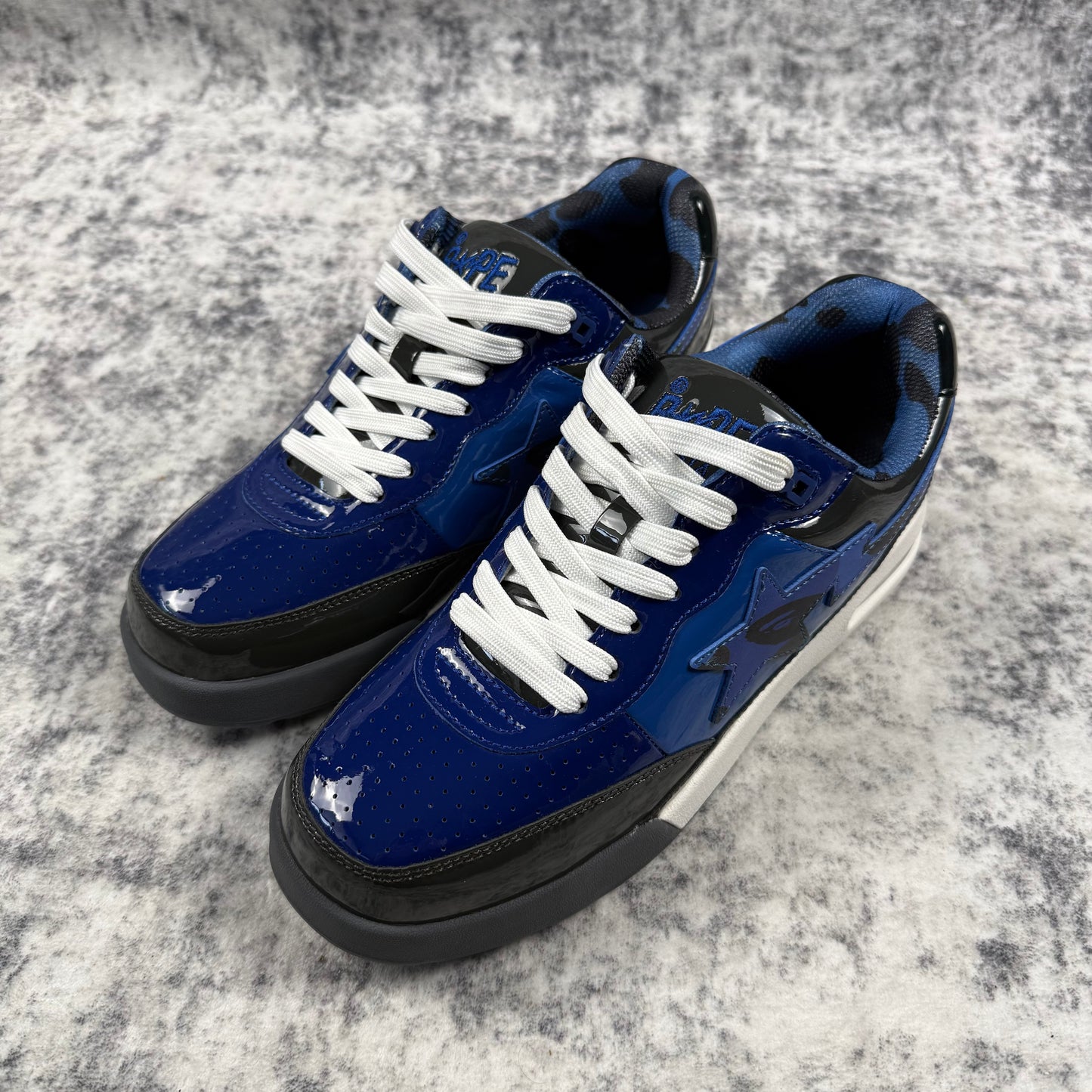 BAPE STA Blue & Black Patent Leather Low Top Sneakers