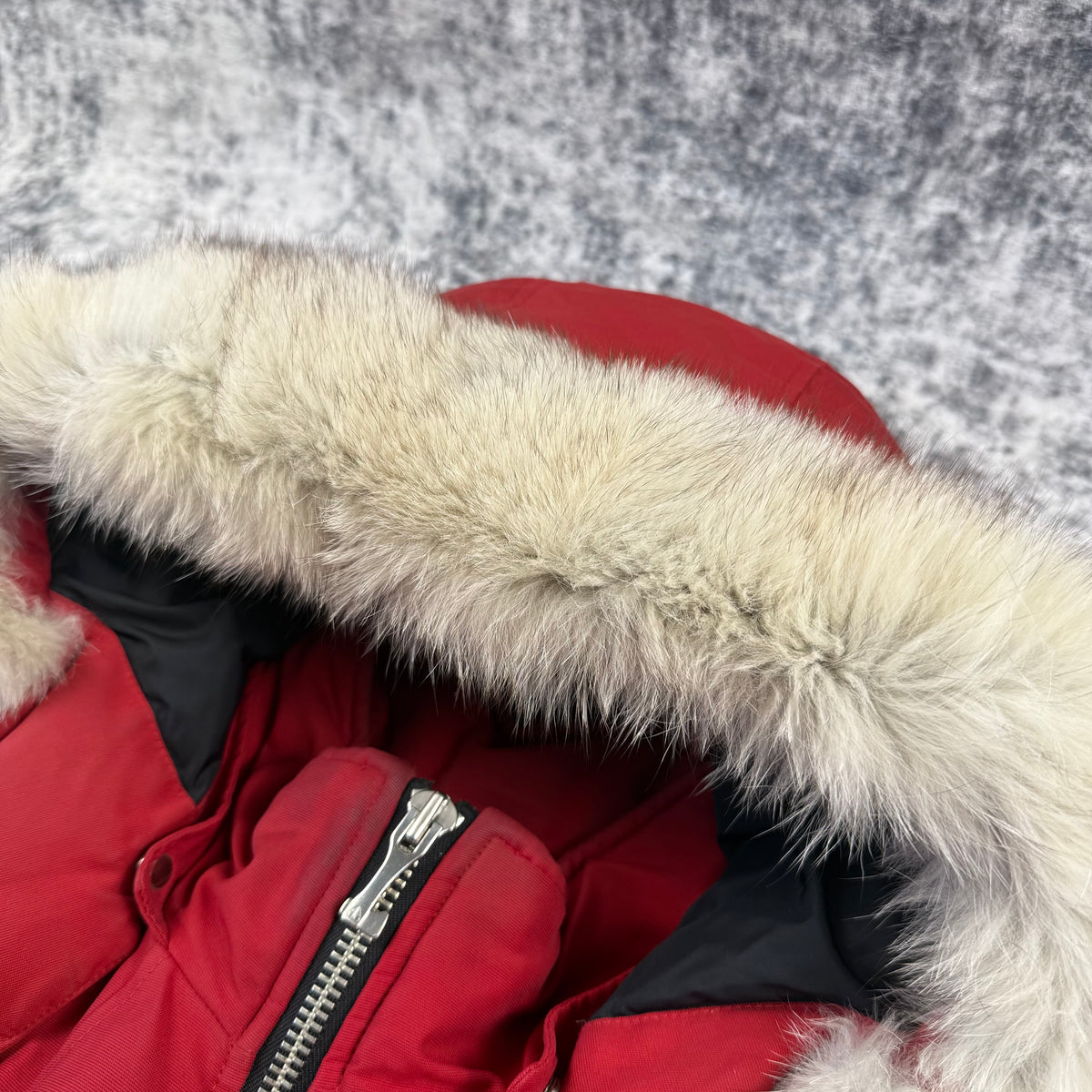 Moose Knuckles Red Down-Filled Fur Hood Bomber Jacket