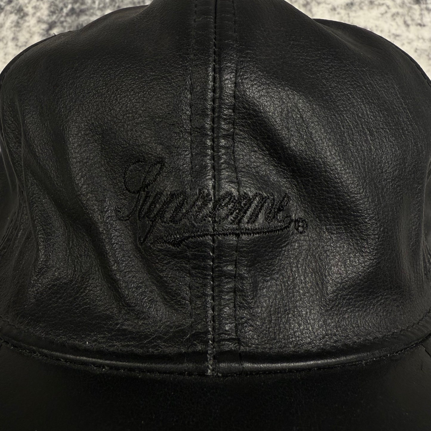 Supreme FW14 Leather Script Logo 6 Panel ‘Black’ Cap