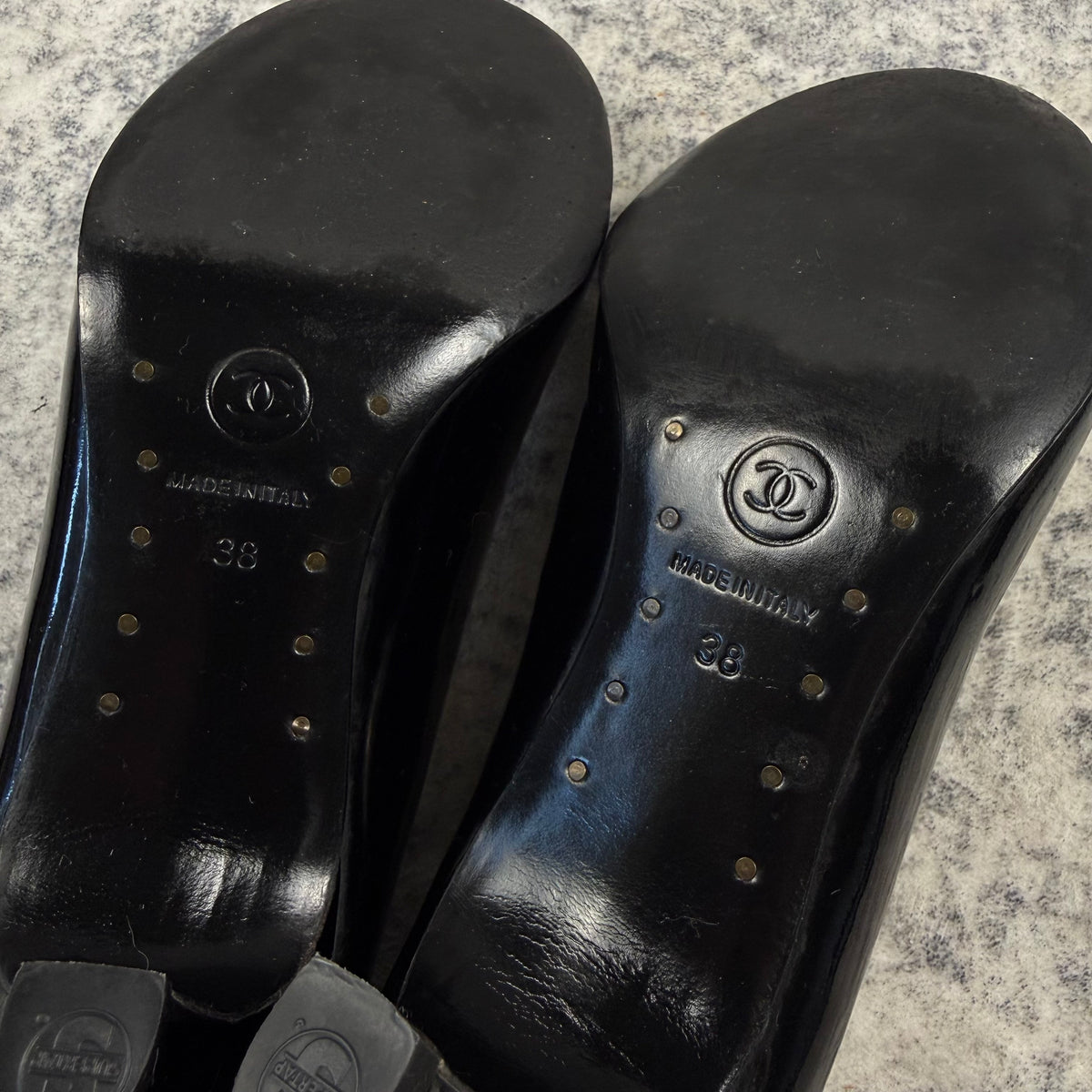 Chanel Black Patent Leather Camellia Flower Heels