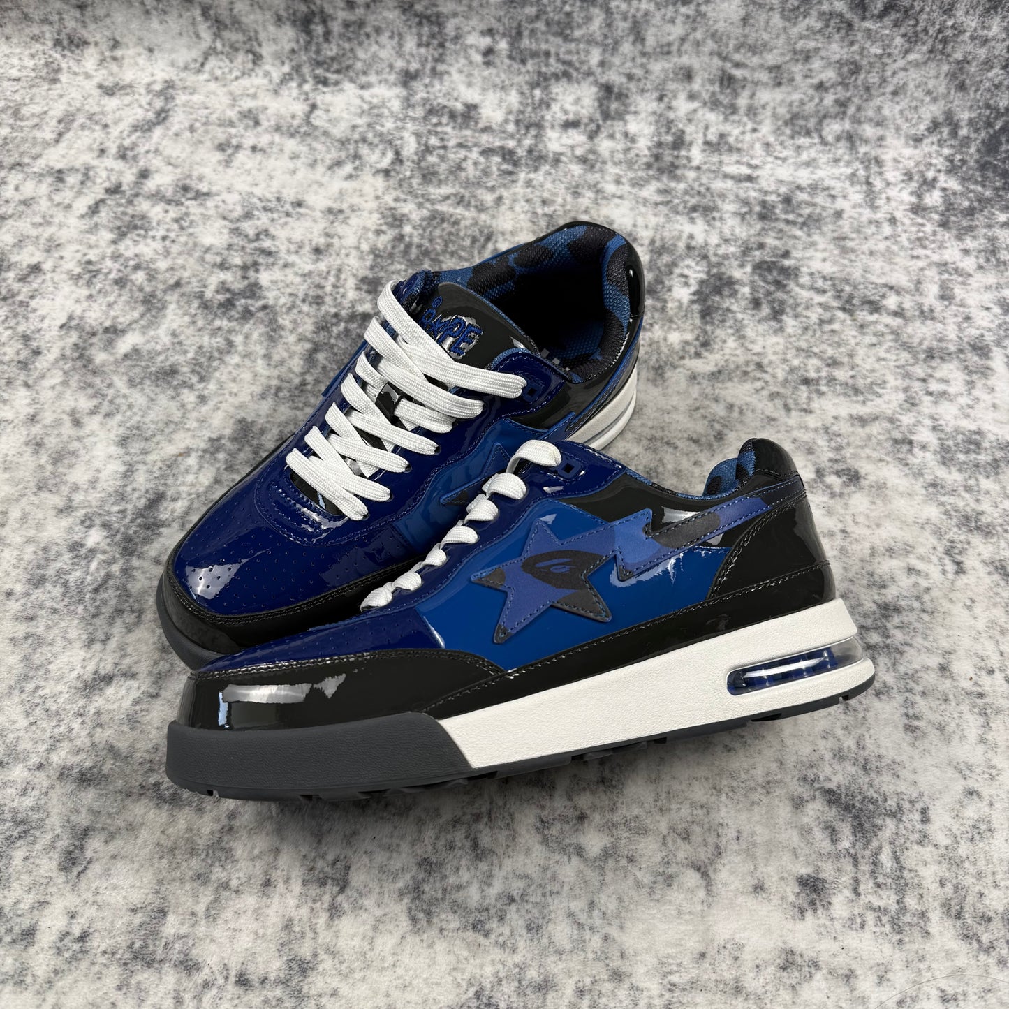 BAPE STA Blue & Black Patent Leather Low Top Sneakers