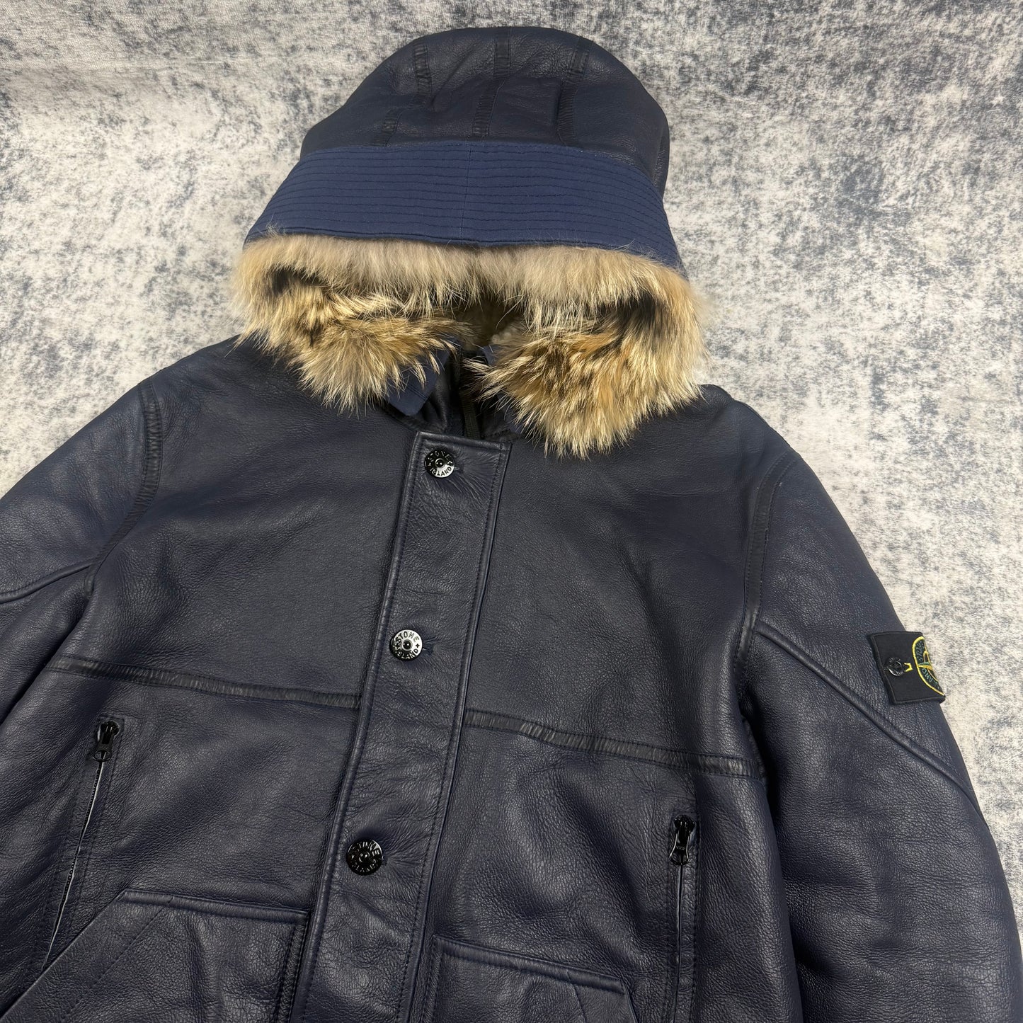Stone Island Hand Painted Sheepskin Fur Hood Shearling Jacket