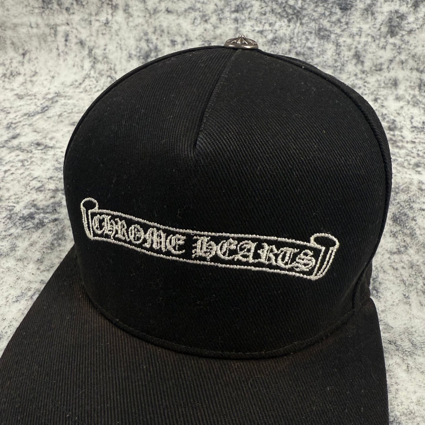 Chrome Hearts Scroll Logo Denim ‘Black’ Trucker Cap
