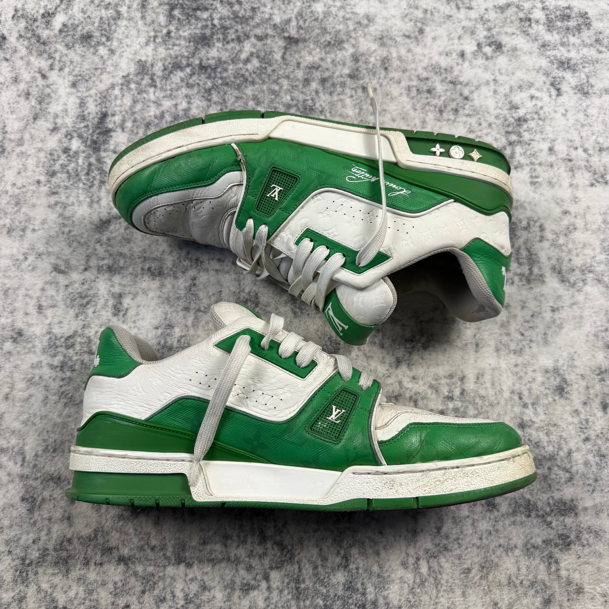 Louis Vuitton by Virgil Abloh Green & White LV Trainer Sneakers