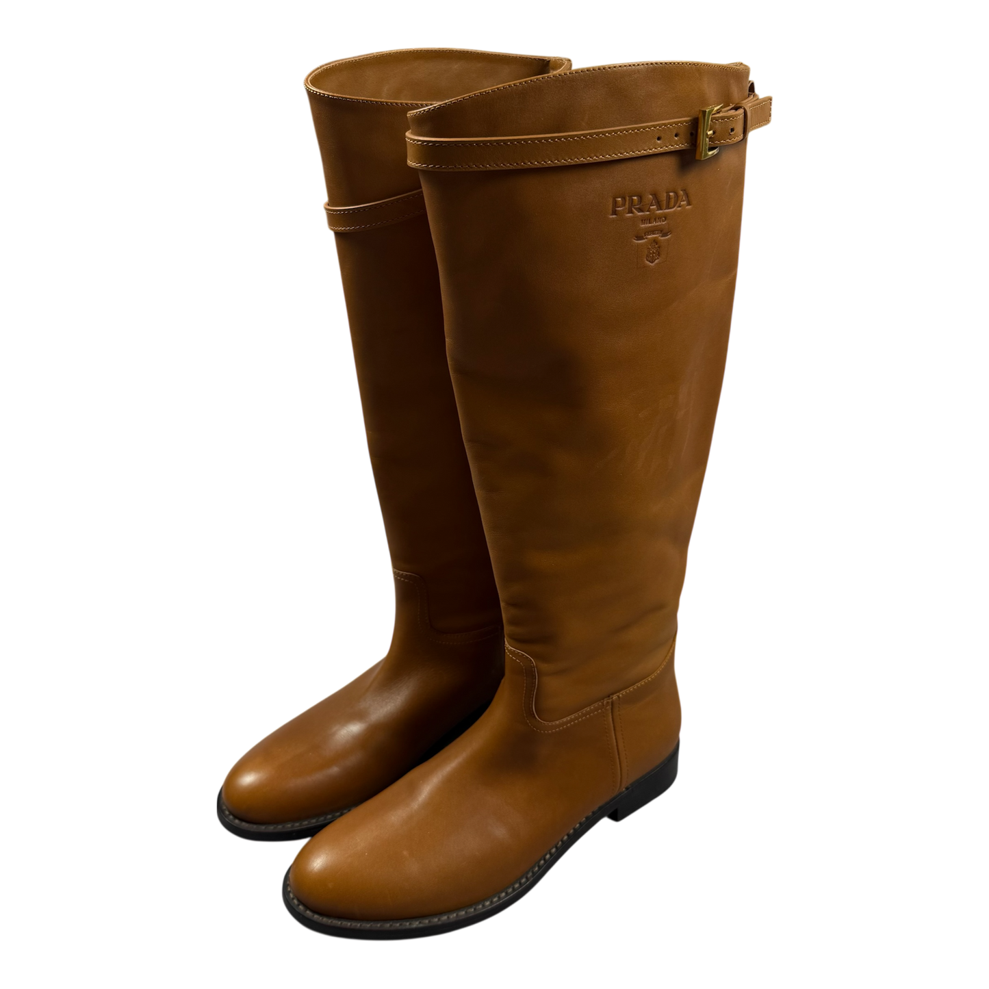 PRADA Camel Leather Logo Belted Knee-High Riding Boots
