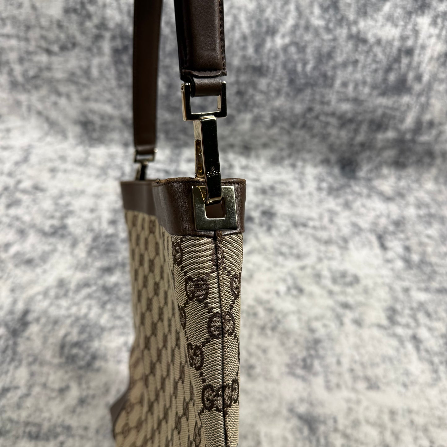 Gucci GG Canvas Hobo Bag Brown Leather Trim