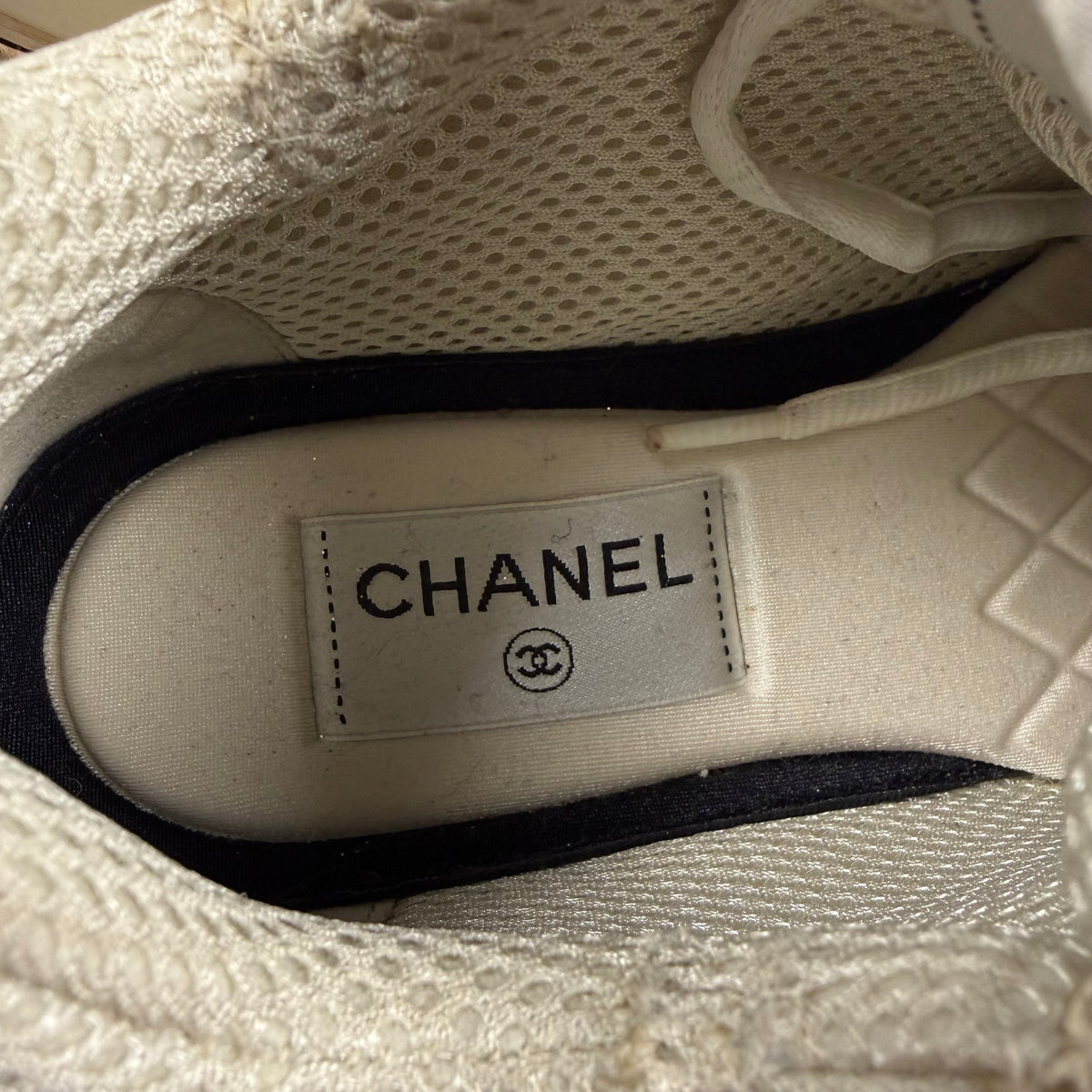 Chanel CC Logo Metallic Silver & Ivory Mesh Sneakers