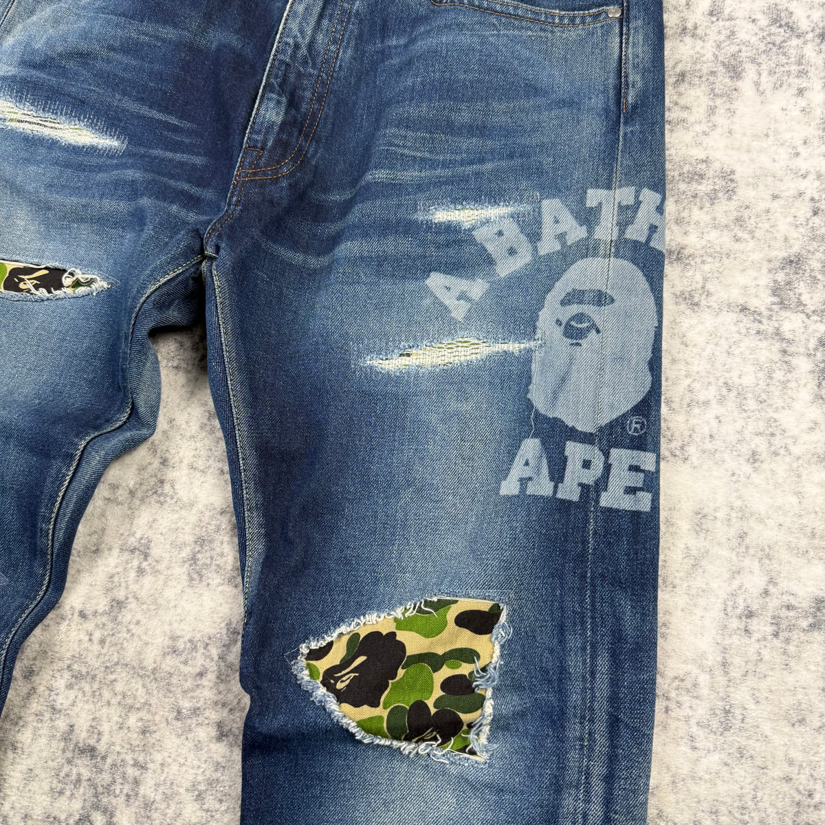 BAPE A Bathing Ape 2008 Type-05 Camo Patch Distressed Denim Jeans
