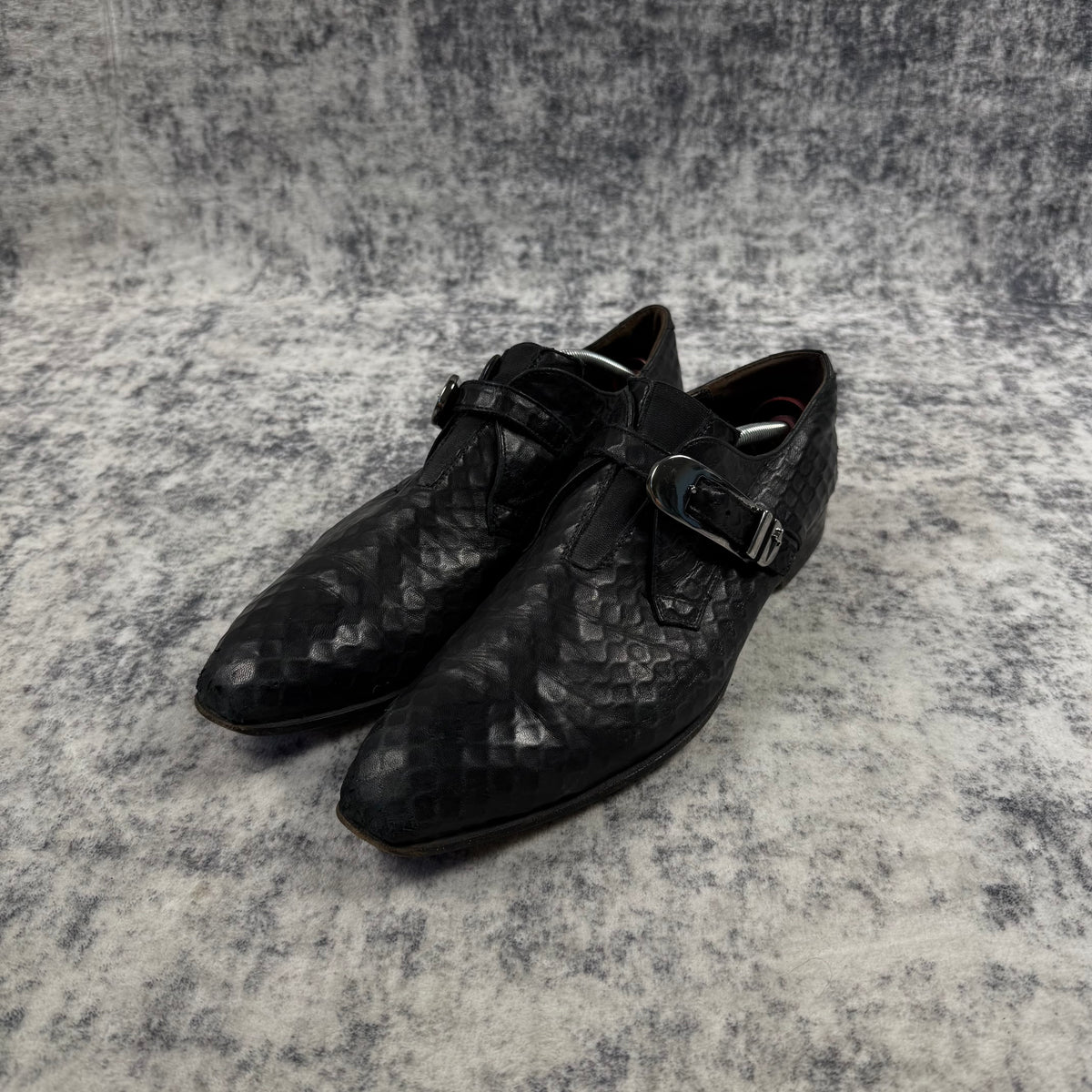 Cesare Paciotti Black Embossed Leather Dagger Buckle Monk Strap Shoes