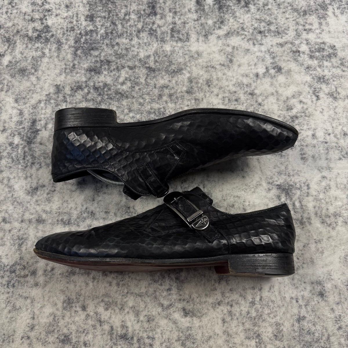 Cesare Paciotti Black Embossed Leather Dagger Buckle Monk Strap Shoes