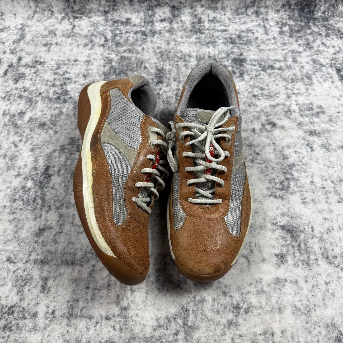 Prada America’s Cup Leather & Mesh Sneakers (Brown/Grey)