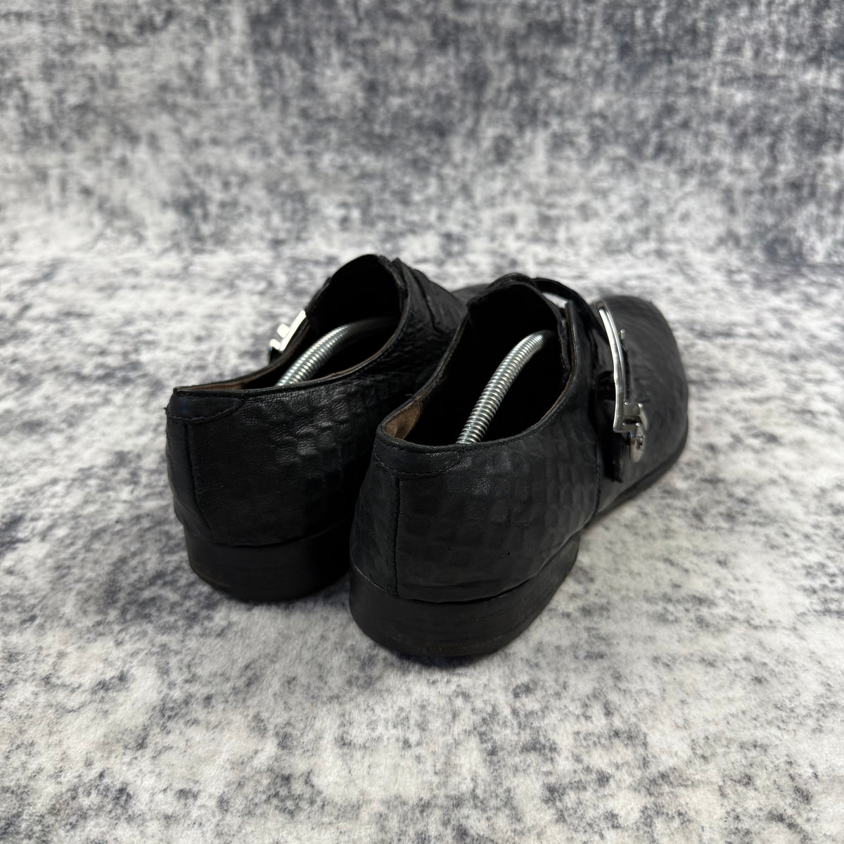 Cesare Paciotti Black Embossed Leather Dagger Buckle Monk Strap Shoes