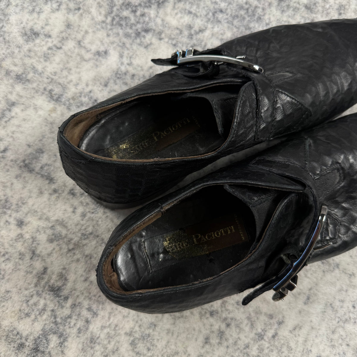 Cesare Paciotti Black Embossed Leather Dagger Buckle Monk Strap Shoes