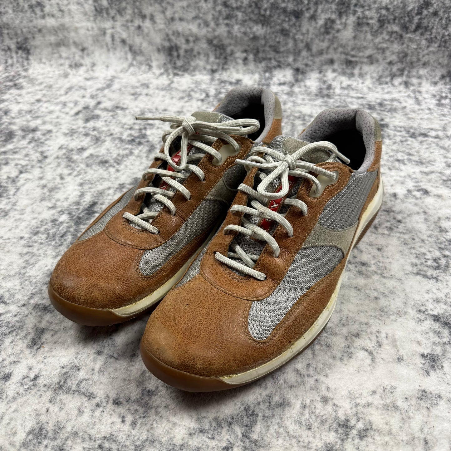 Prada America’s Cup Leather & Mesh Sneakers (Brown/Grey)