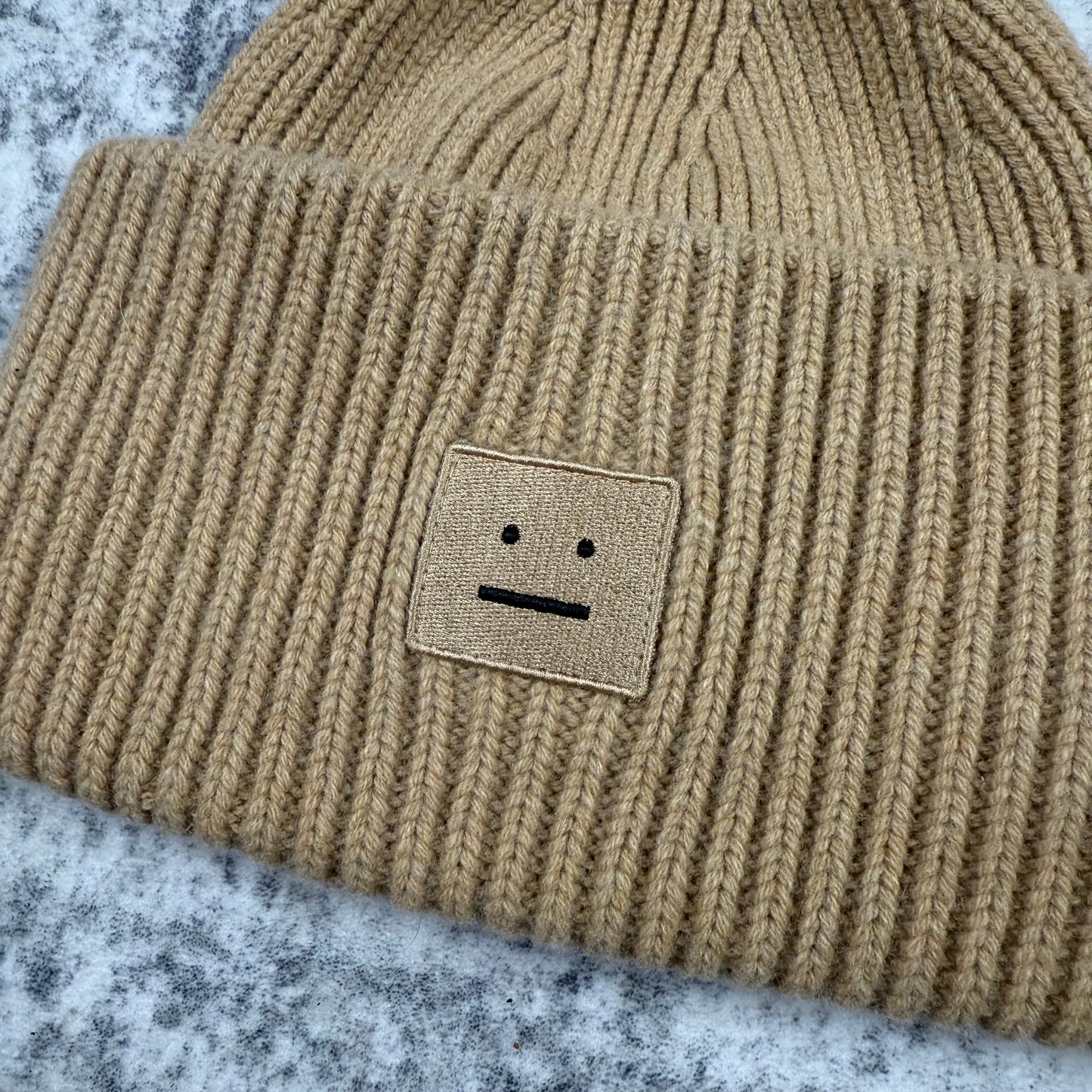 Acne Studios Face Patch Ribbed Beanie Camel